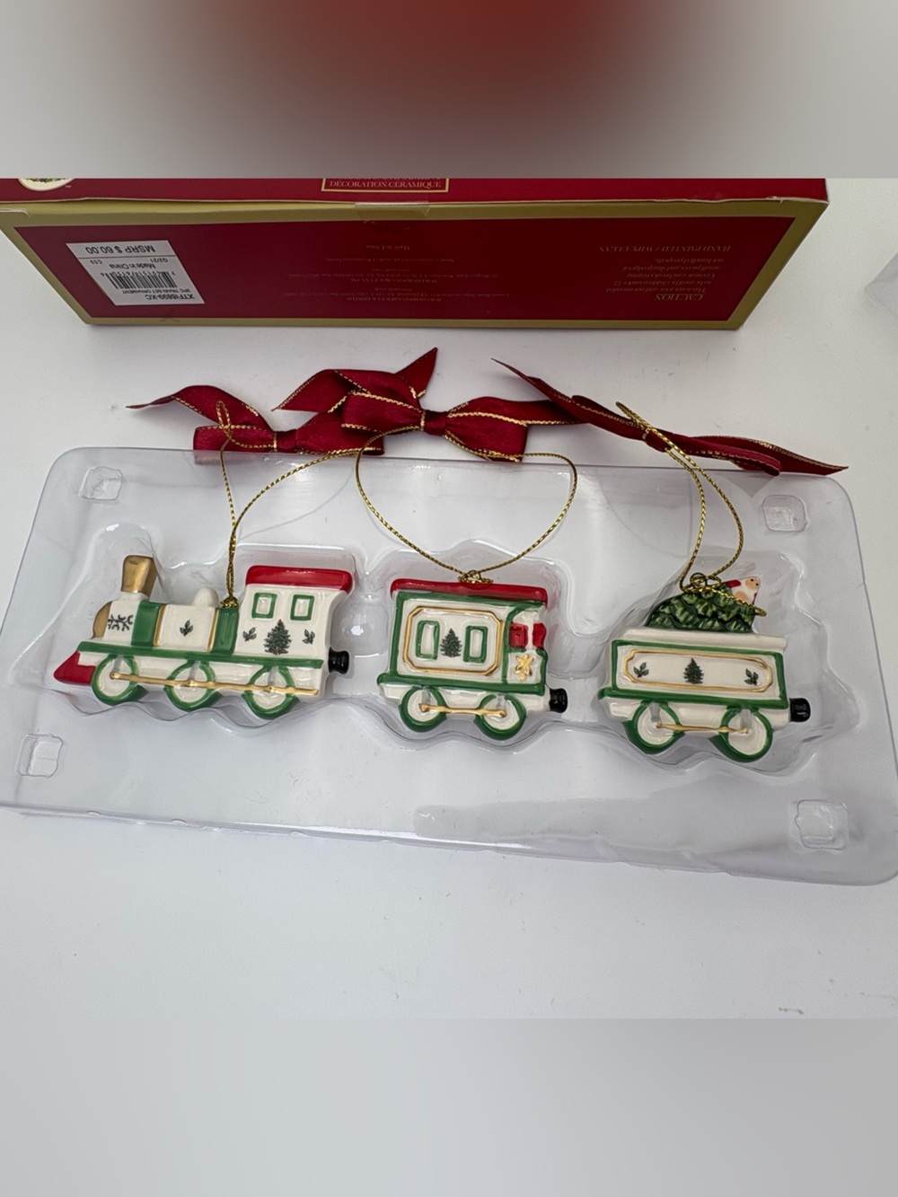 Spode Ceramic Holiday Train Ornaments in Green, Red, Gold